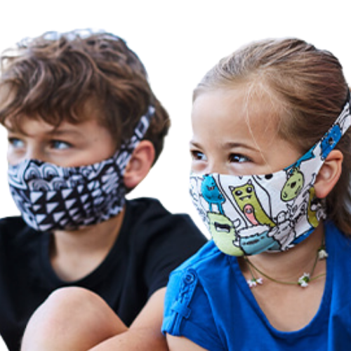 Kids wearing ski-friendly masks from Buff