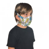 Side profile image of a kid wearing a Buff Filter Kids' Mask in Boo Multi