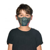 Front shot of a kid in a Kids' Buff Filter Mask in Stony Green Blue